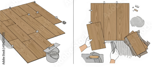 Illustrating the process of laying wood-like floor tiles with spacers and tools