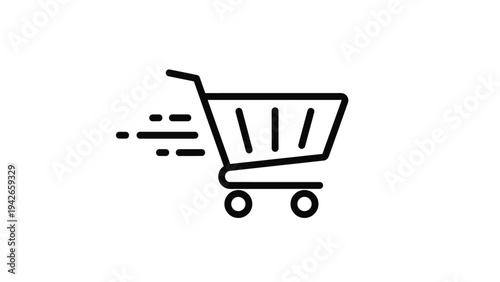 Simple line icon of a shopping cart with motion lines to represent fast delivery or speed in online retail and e-commerce services.