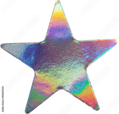 Holographic star sticker with iridescent foil texture isolated on white background