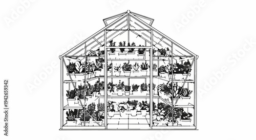 Detailed sketch of a greenhouse filled with numerous potted plants on shelves