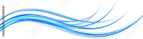 Abstract blue and white brush stroke waves flow horizontally across white background