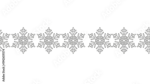 Row of intricate and identical line drawn snowflakes for winter season decorations, repeating in a horizontal sequence on a white background.