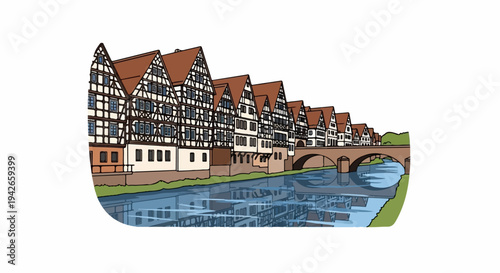 Historic timber-framed buildings line a river with a stone bridge reflecting