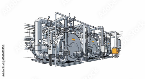 Industrial boilers and complex pipework system with gauges and control panels