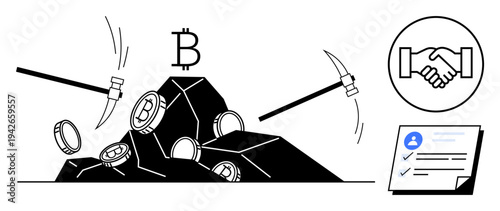 Cryptocurrency mining. Illustration of Bitcoin mining with pickaxes hitting coins, blockchain technology. Cryptocurrency mining in finance, blockchain development, digital currency mining, fintech
