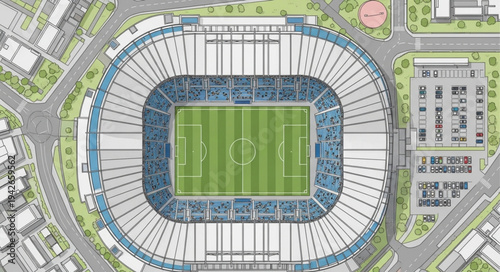 Aerial View of a Large Stadium with Green Field.