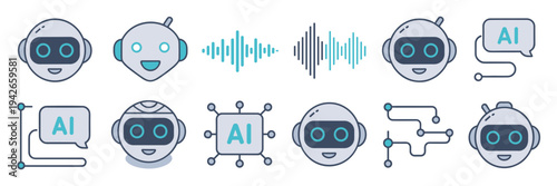 Modern AI assistant and digital voice interaction icons – Great for virtual assistant apps, tech presentations, or software guides.