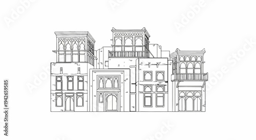 Intricate line drawing of a traditional, multi-story building with balconies
