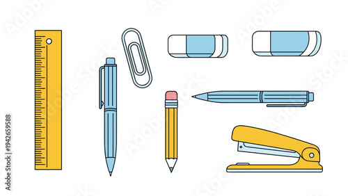 Collection of essential school and office stationery items including a ruler, pen, pencil, eraser, stapler, and paperclip for work themes.