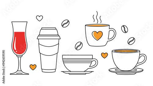 Variety of beverage containers including a wine glass, coffee takeaway cup, and two ceramic teacups with small orange hearts and coffee beans.