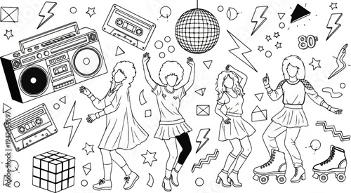 Retro 80s party scene with dancers, boombox, cassettes, disco ball