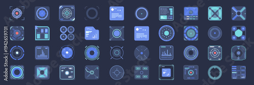 Futuristic HUD interface and hologram vector icons – Ideal for gaming UI, sci-fi apps, or advanced technology presentations.