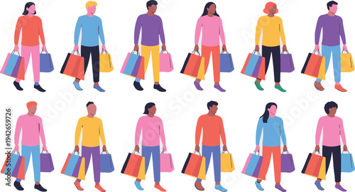 Group of diverse people with shopping bags walking isolated on white background