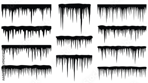 Set of black icicle silhouettes and dripping paint effects isolated on white, useful for winter themes, holiday designs, and spooky art.