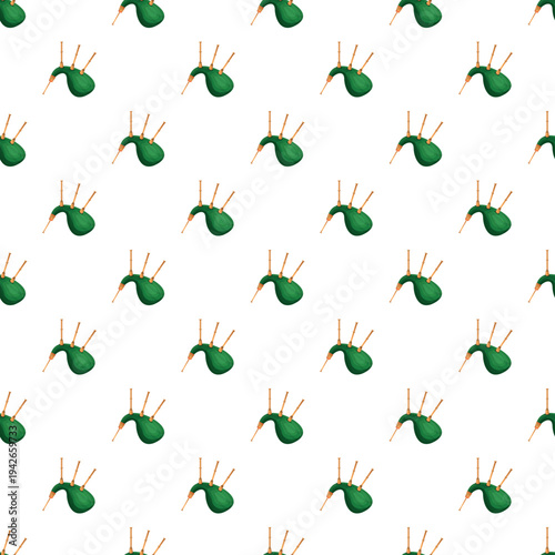 Green bagpipes musical instrument repeating in a seamless pattern on white background