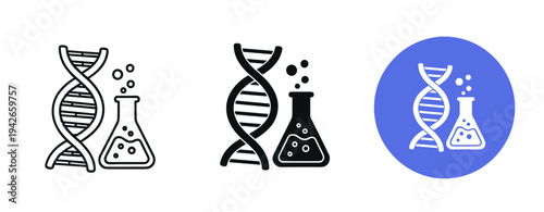 Dna helix and chemistry flask icons in black, white, and blue variants