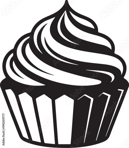 Black and white illustration of a cupcake with swirly frosting and a wrapper