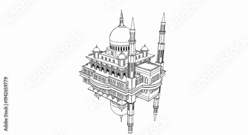 Elaborate sketch of a floating mosque with domes and minarets against a white background