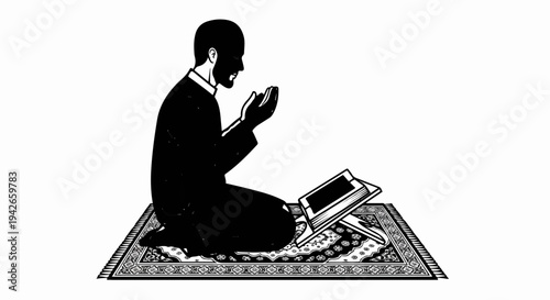 Silhouette of a person praying on a carpet with a book on a stand