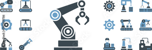 Industrial robotic arm and factory automation icons – Ideal for manufacturing websites, engineering reports, or industry blogs.