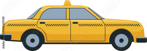 Yellow taxi car illustration with checkered pattern on side panel isolated on transparent background