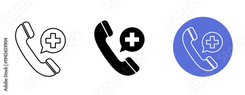 Medical emergency phone icon set in black, white, and blue circle
