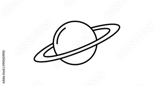 Simple black line icon of the planet Saturn with its iconic rings isolated on a white background for space and astronomy themed designs.