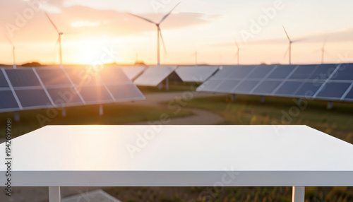 Renewable energy landscape with solar panels and wind turbines at sunset, a white table foreground