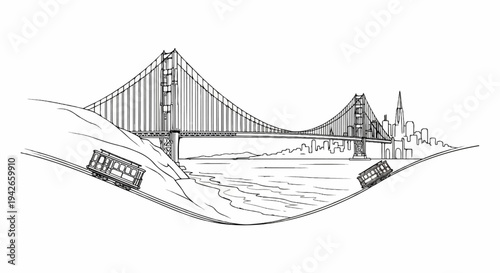 Sketch of a famous bridge and cityscape with cable cars on hills
