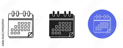 Minimalist calendar icons set: outline, solid, and colored variations