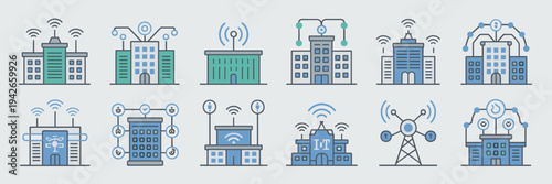 Connected building and digital city network icons – Great for digital infrastructure news, tech blogs, or urban development.