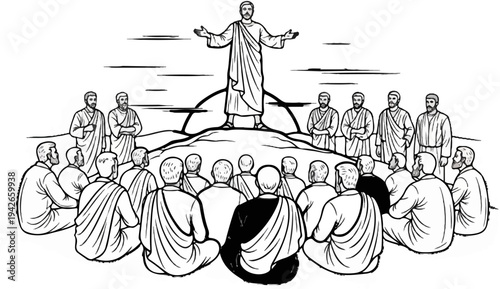 Man atop hill addresses seated crowd in ancient attire with a striking black robe