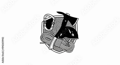 Badge with axe, helmet, rope, and carabiner
