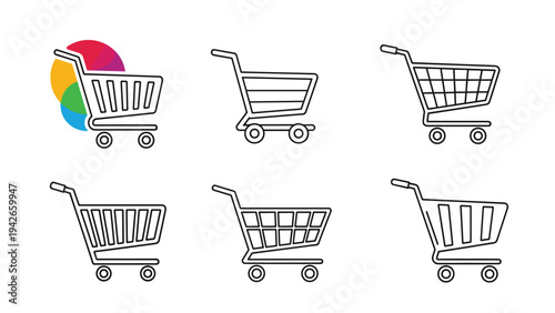 Set of various shopping cart icons in different styles and perspectives, including one with a colorful background for retail and commerce.