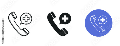 Medical support phone icons: hand-drawn, black, and blue variations