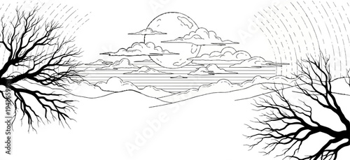 Bare trees flank a cloudy full moon sky over rolling hills