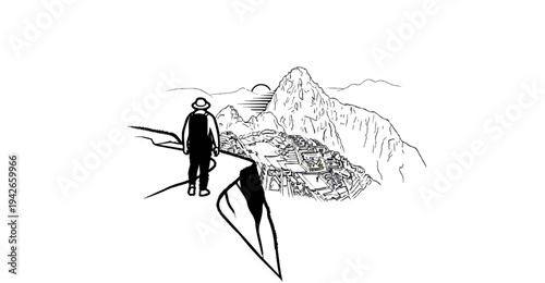 Sketch of a lone hiker looking at a mountain city at sunrise