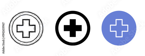 Three variants of medical cross symbols in different styles on white background
