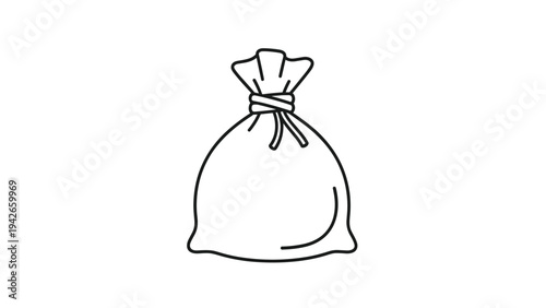 Minimalist black outline icon of a tied fabric sack or bag isolated on a plain white background for farming and storage representations.