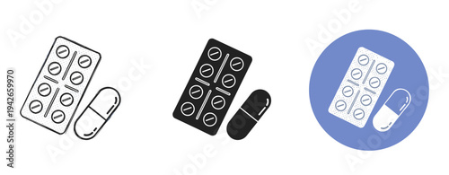 Medication icons: blister pack and pill in various styles