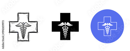 Medical symbols: black and white crosses with caduceus on various backgrounds
