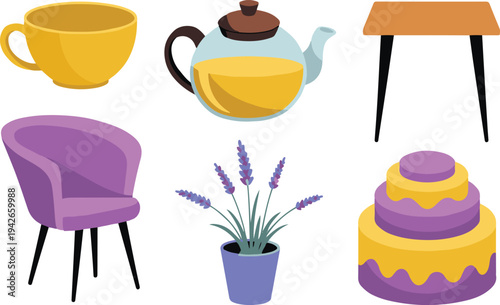 Cartoon objects for web design  yellow teacup teapot brown table purple chair flower pot cake