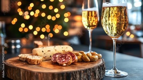Festive Appetizer Platter with Sparkling Wine: Rustic Charm and Golden Hour Glow