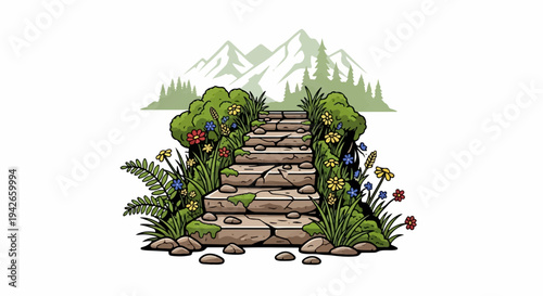 Stone steps ascend through blooming wildflowers toward misty mountains
