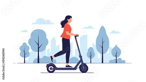 Young woman riding an electric scooter through a city park with blue trees and tall buildings in the background for urban commute themes.