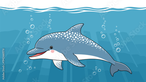 Happy spotted dolphin swimming in the blue ocean with bubbles rising to the surface and waves visible above for marine life themes.