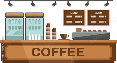 Cartoon coffee shop counter with menu boards and coffee containers on wooden table