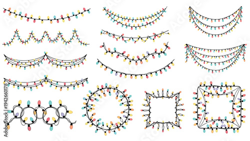 Large collection of colorful decorative string lights in various shapes including arcs, circles, and squares for festive holiday designs.