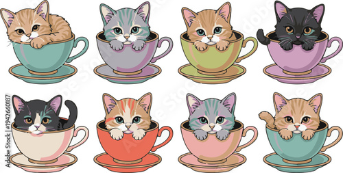 Cute cartoon kittens sitting in colorful teacups on saucers isolated on white background