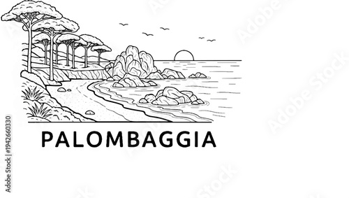 Stylized illustration of a coastal landscape with trees, rocks, and the sea at sunset